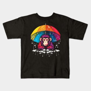 Snow Monkey Rainy Day With Umbrella Kids T-Shirt